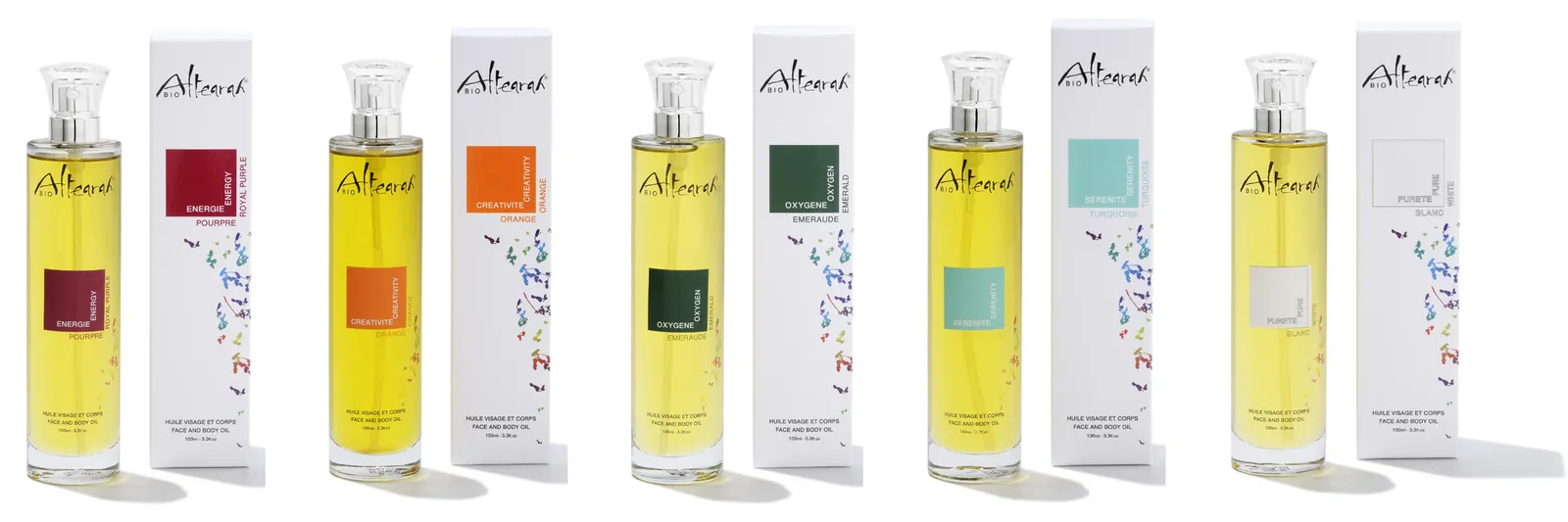 Photo produit propre : la gamme de flacons Altearah sur fond blanc