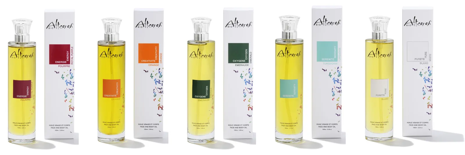 Photo produit propre : la gamme de flacons Altearah sur fond blanc
