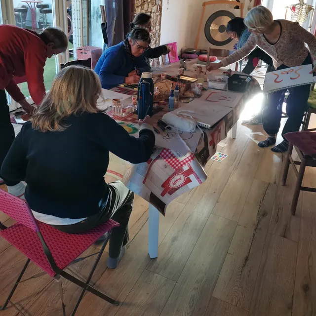 Autour de la table d’un atelier ANATOMY’ART®, les participantes dessinent et peignent